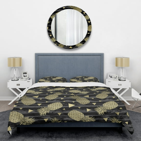 Designart 'Golden Pineapple On Black' Mid-Century Modern Duvet Cover Set