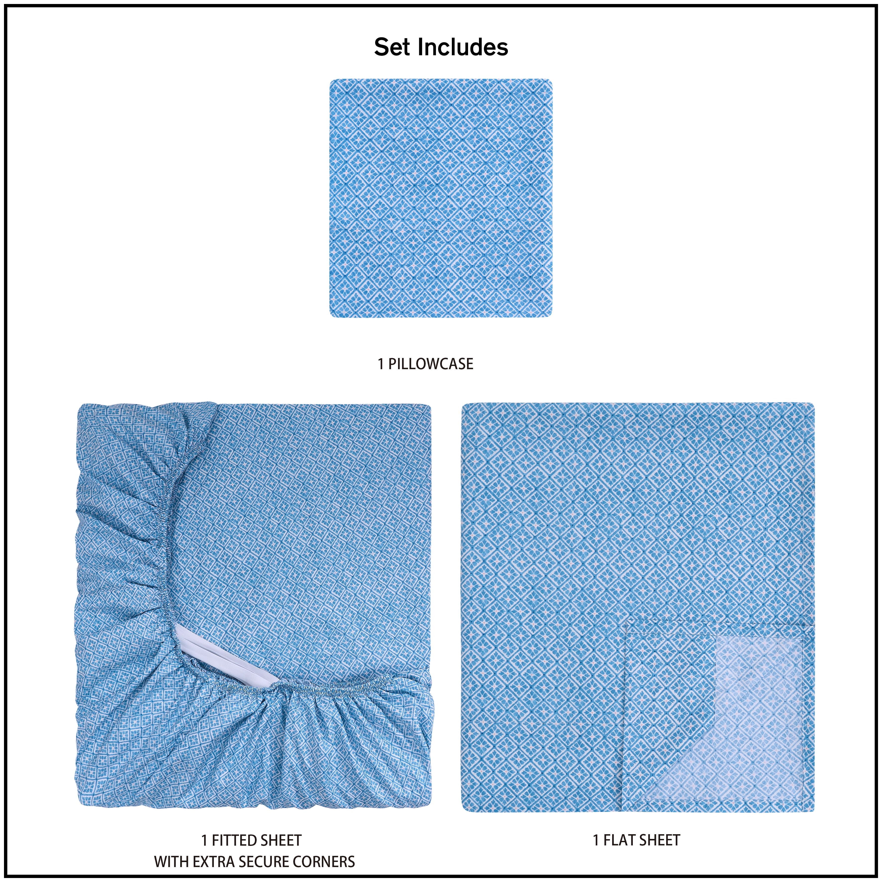 Mainstays by Becky G. & Alejandra 3-Piece Blue Cool Geo Super Soft Microfiber Bed Sheet Set, Twin-XL