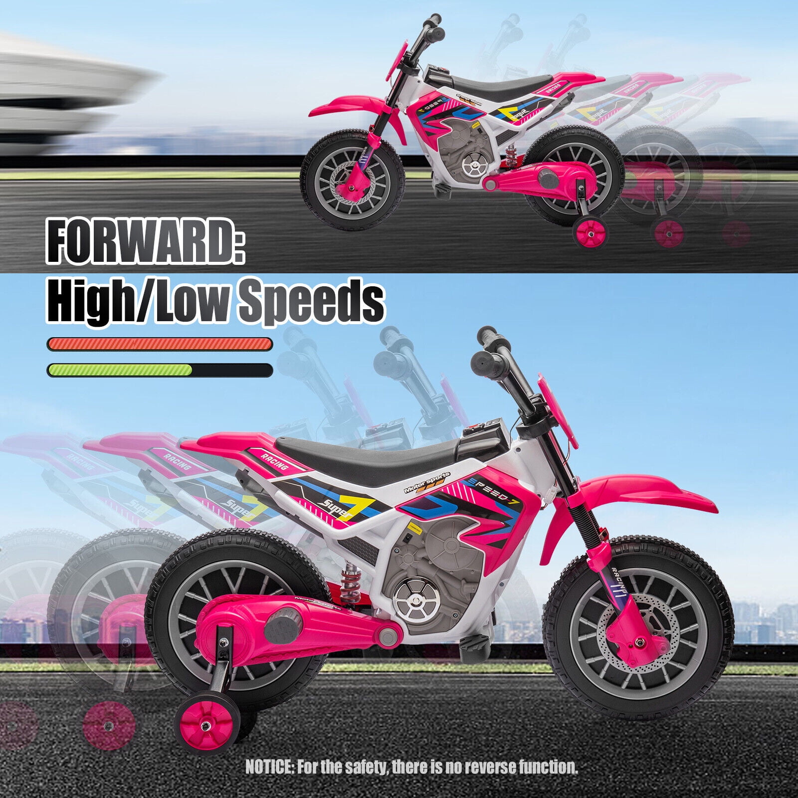 JOYLDIAS 12V Ride On Motorcycle Dirt Bikes for Kids with Training Wheels, Spring Suspension, Rose Pink