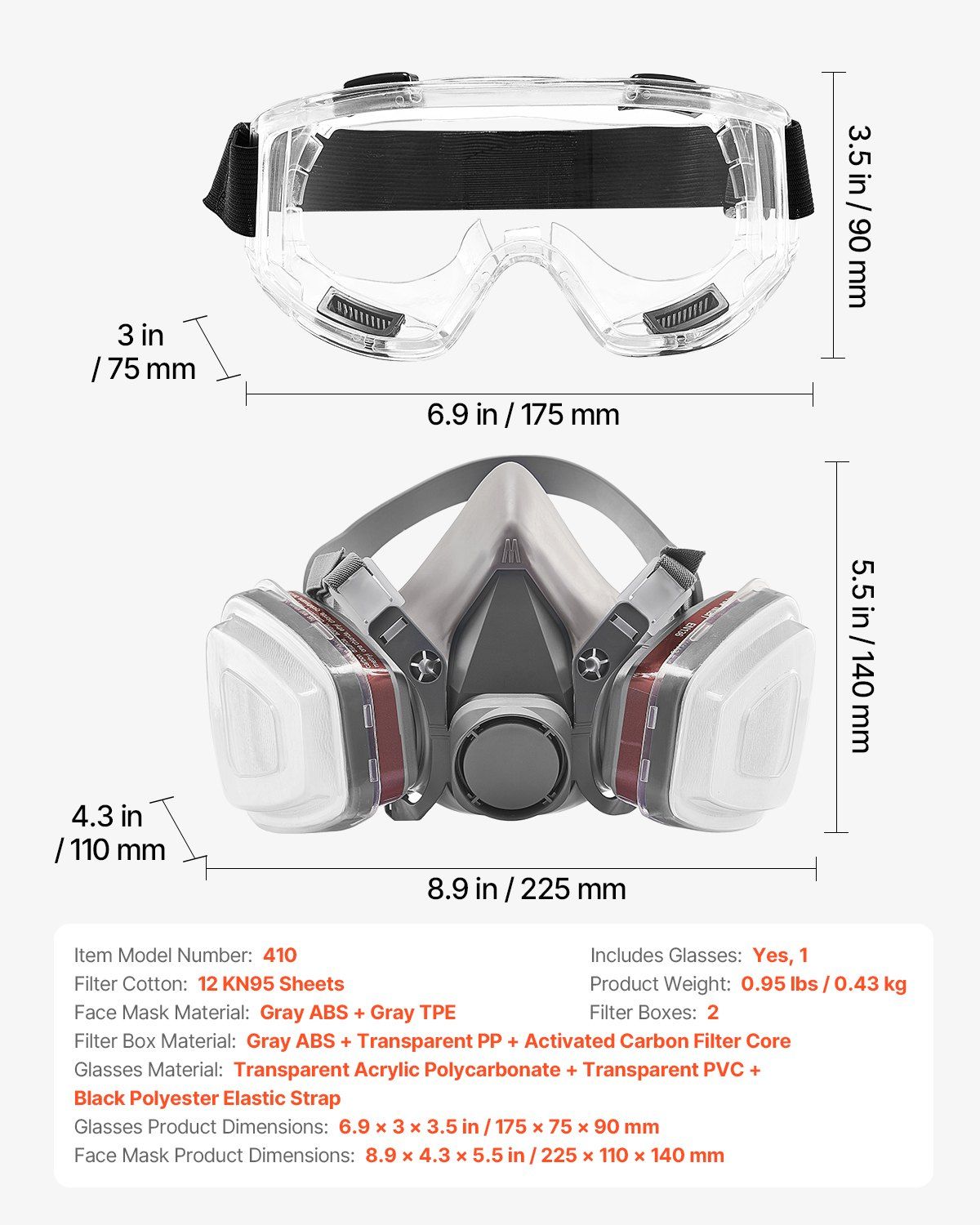 Respirator Mask Reusable Half Face Cover with Safety Glass and 12 Filters, Dual-Layer Filtration Dust Mask with Adjustable Straps, Washable Hazmat Mask for Painting, Spraying, Renovation, and Mining