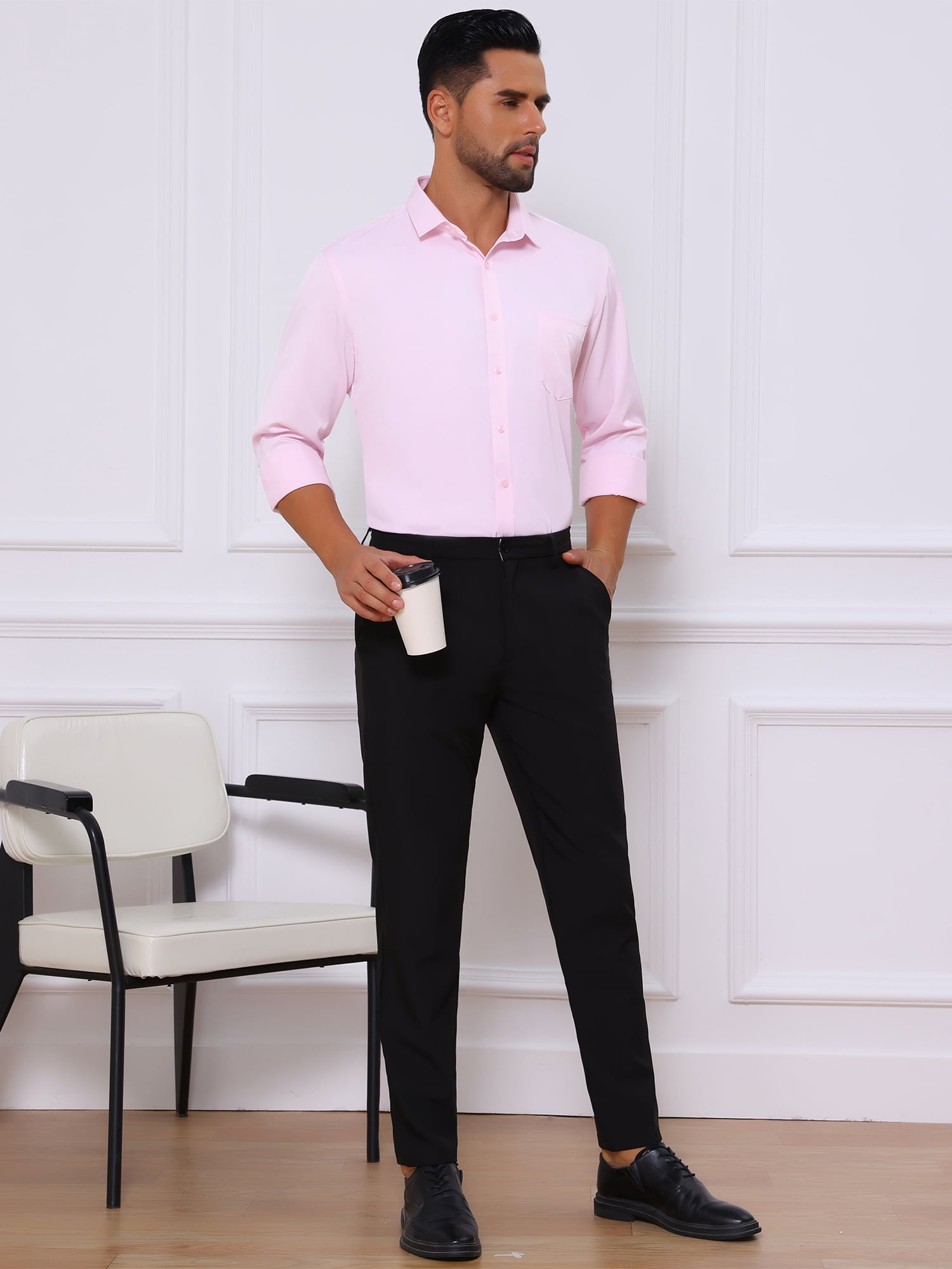 DARING DIVA Men's Point Collar Button Long Sleeve Business Shirts S Pink
