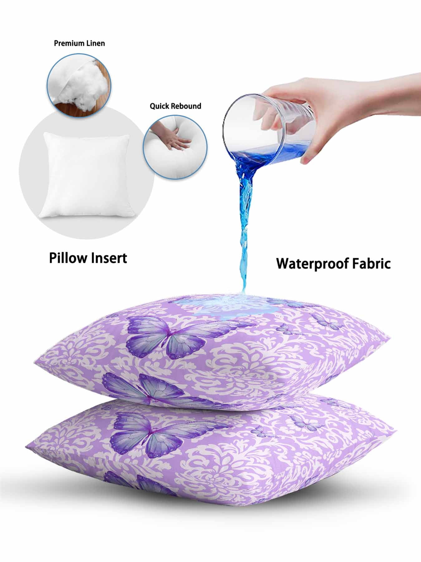 1 Pack Outdoor Throw Pillow, Purple Butterflies Flowers Waterproof Pillow with Insert Included, Boho Vintage Floral Botanical Decorative Accent Cushion Sofa Pillows for Patio Porch, 18 x 18 In