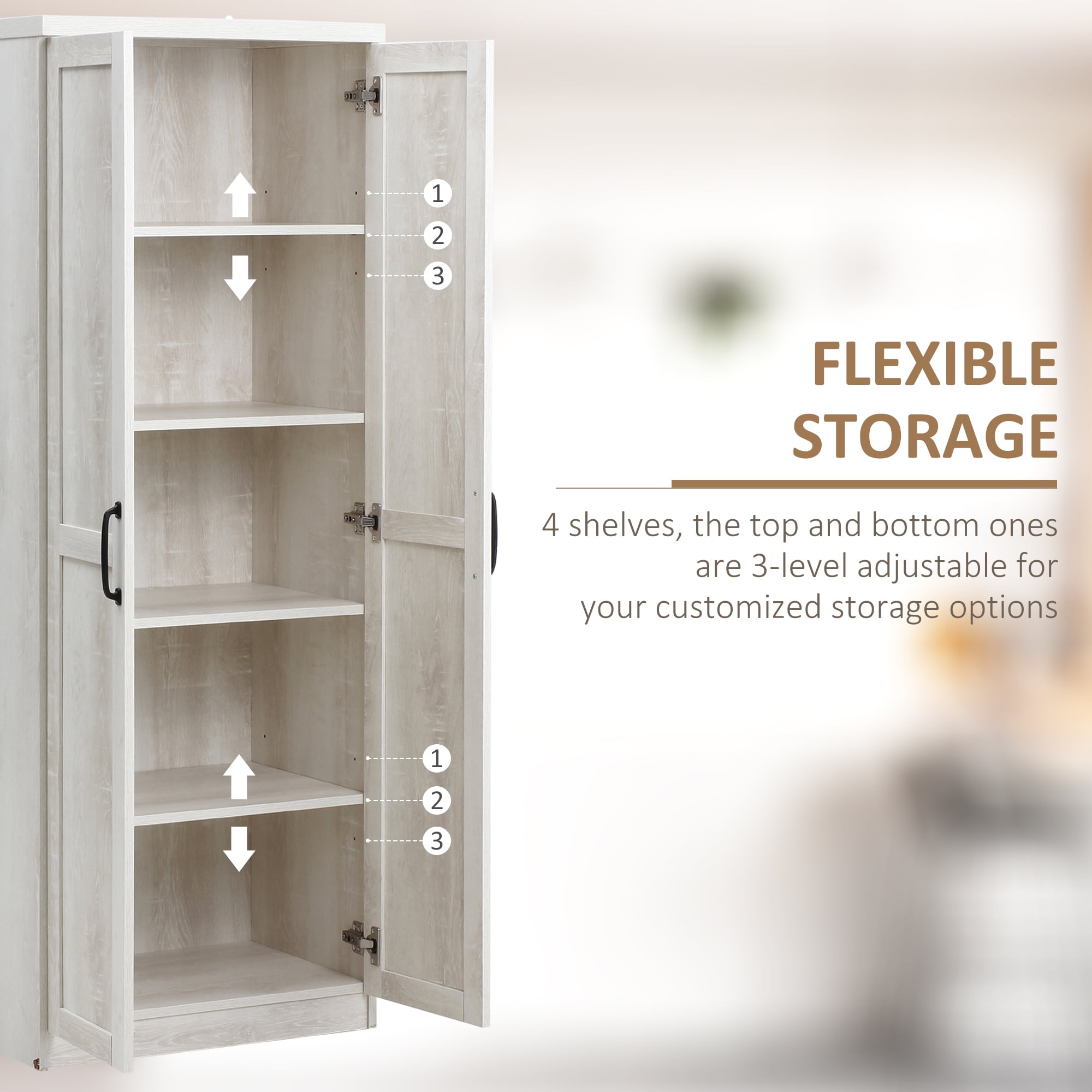 HOMCOM 63" 2-Door Kitchen Pantry, Freestanding Storage Cabinet with 2 Adjustable Shelves for Kitchen or Living Room, White