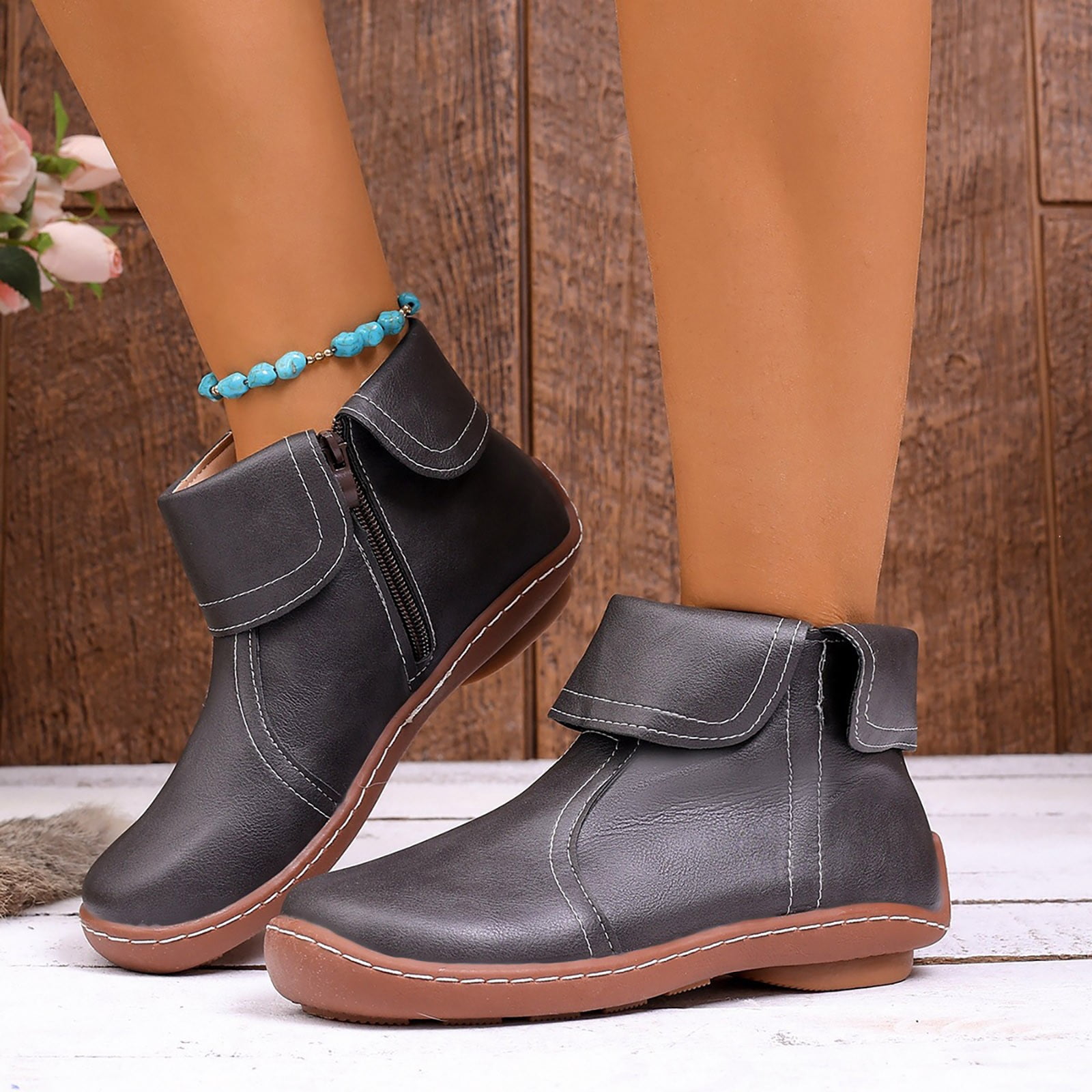 Women Fold Over Ankle Boots, Side Zipper Soft Faux Leather Short