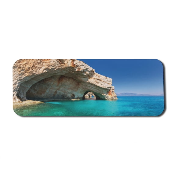 Greece Computer Mouse Pad, Sea Cave on Zakynthos Island Greece Vacation Relaxing Seascape Coastline Picture, Rectangle Non-Slip Rubber Mousepad Large, 31" x 12", Tan Pale Blue, by Ambesonne