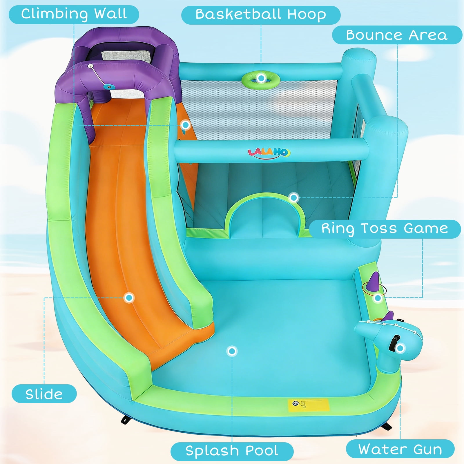Ktaxon 7-in-1 Inflatable Water Slide Bounce House with Blower, 147" x 118" x 87", Curved Slide Water Park w/ Splash Pool, Bounce Area & Climbing Wall, Kids Backyard