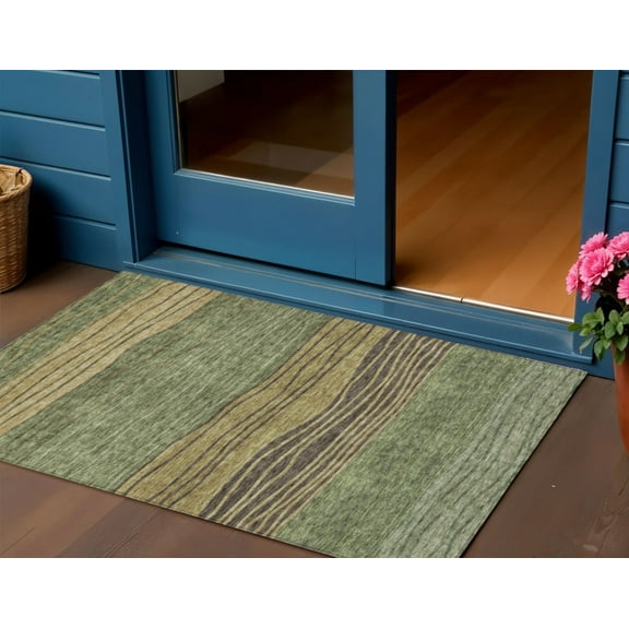 HomeRoots 583876 3 x 5 ft. Striped Washable Indoor & Outdoor Rectangle Area Rug, Olive Green & Chocolate