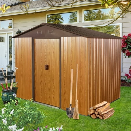 CarButler 8x6ft Metal Outdoor Storage Shed with Lockable Sliding Doors for Garden Backyard Patio Lawn Coffee