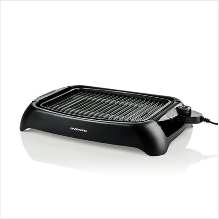 Ovente Electric Indoor Smokeless Cooking Grill 13 x 10 Inch Portable Nonstick Plate with Large Grilling Surface & Oil Drip Pan, Compact Easy Clean Temperature Control for BBQ Party, Black GD1632NLB