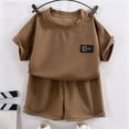 thumbnail image 2 of oqasdz Toddler Children Girls Summer Outfits Knit Short Sleeve Letter Print Crew Neck Tee Top and Shorts Set Loose Breathable Casual Outdoor Clothes Sets,Coffee,7-8 Years, 2 of 3