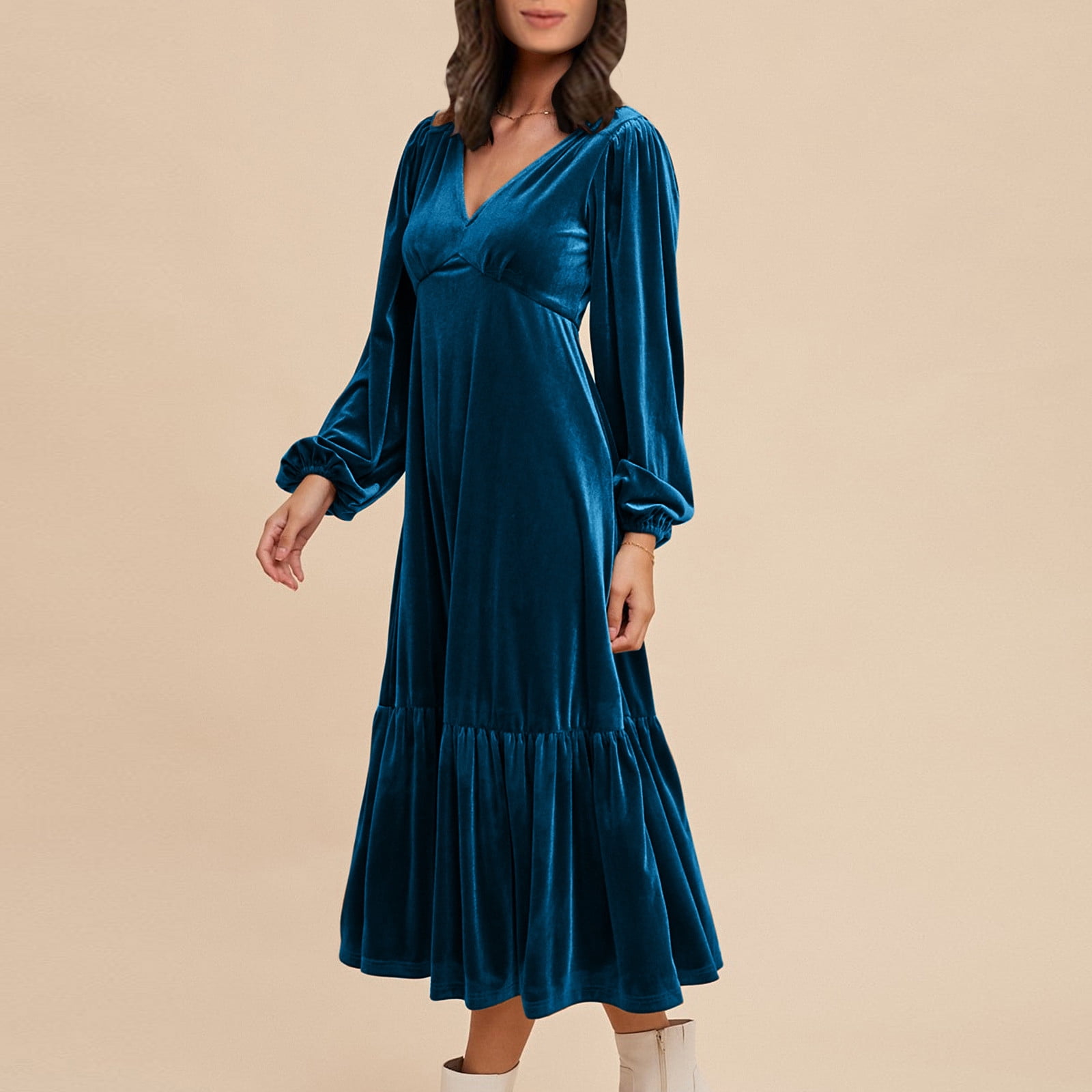 OSFVNOXV Maxi Dresses for Women Fall High Waist Lantern Sleeve Velvet Dress V-Neck Bodycon Tiered Flowy Long Cocktail Wedding Dating Dress