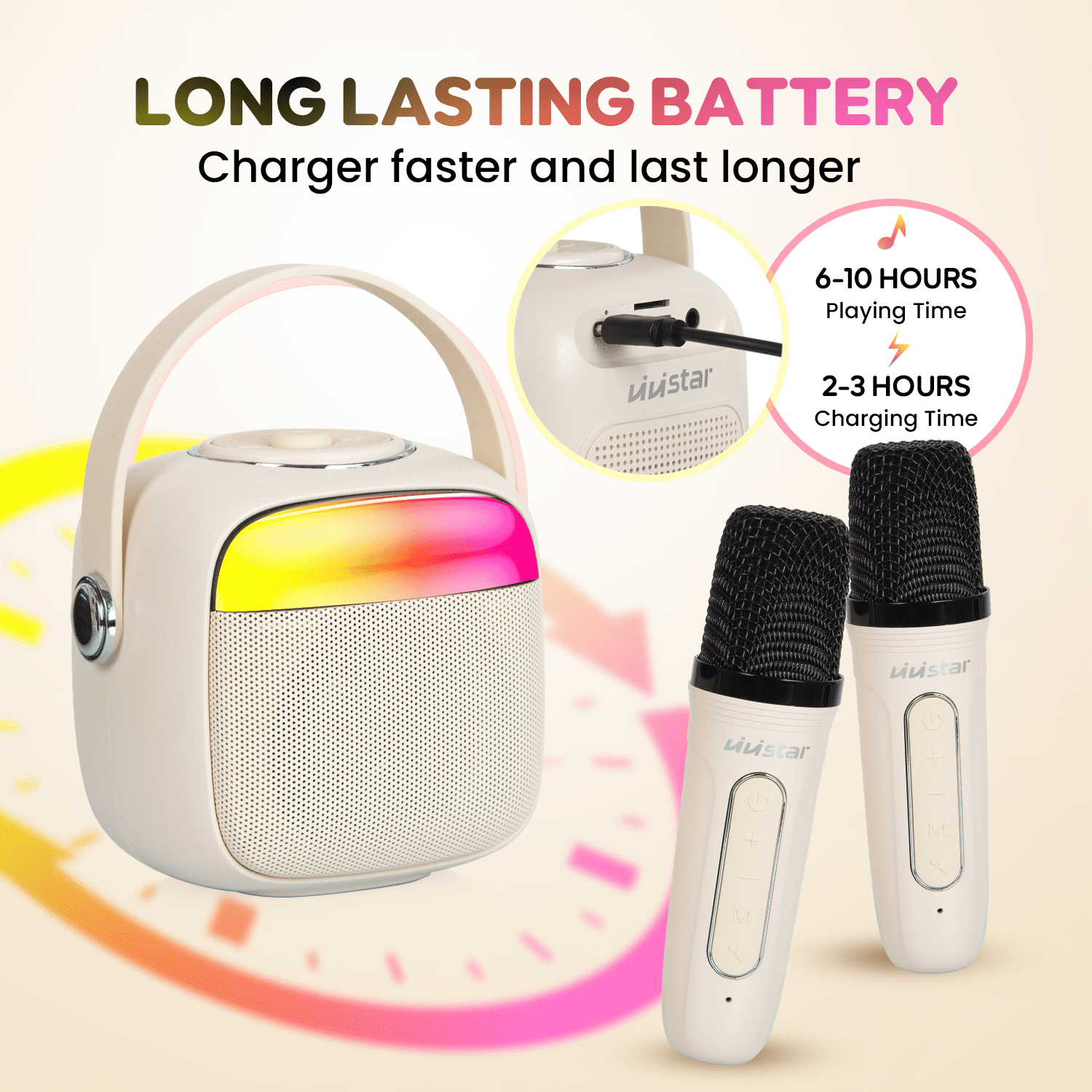 VIVISTAR Karaoke Machine for Kids Portable Bluetooth Speaker with 2 Wireless Microphones Mini Karaoke Speaker with LED Lights Birthday Gifts for Adults Girls Boys Family Home Party Outdoor (White)