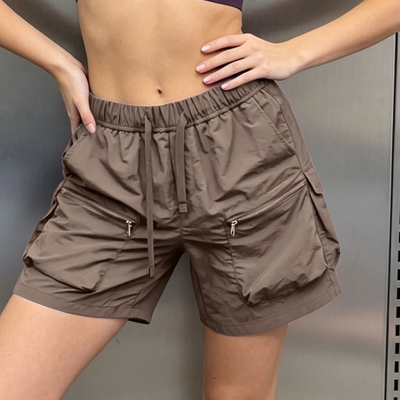 Women's Quick Dry Cargo Shorts, Elastic Waist Drawstring Hiking Shorts with Multi-Pockets, Lightweight and Breathable for Outdoor Activities and Casual Wear Coffee XS