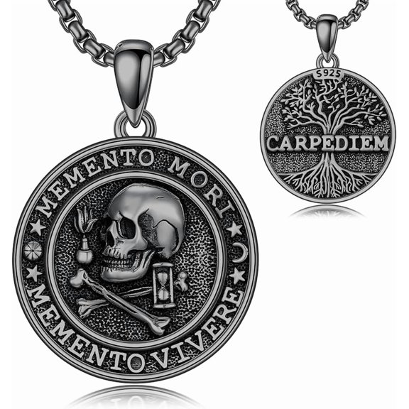 Memento Mori Necklace 925 Sterling Silver Skull Pendant Hourglass Tree of Life Memento Mori Jewelry Gifts for Men Women