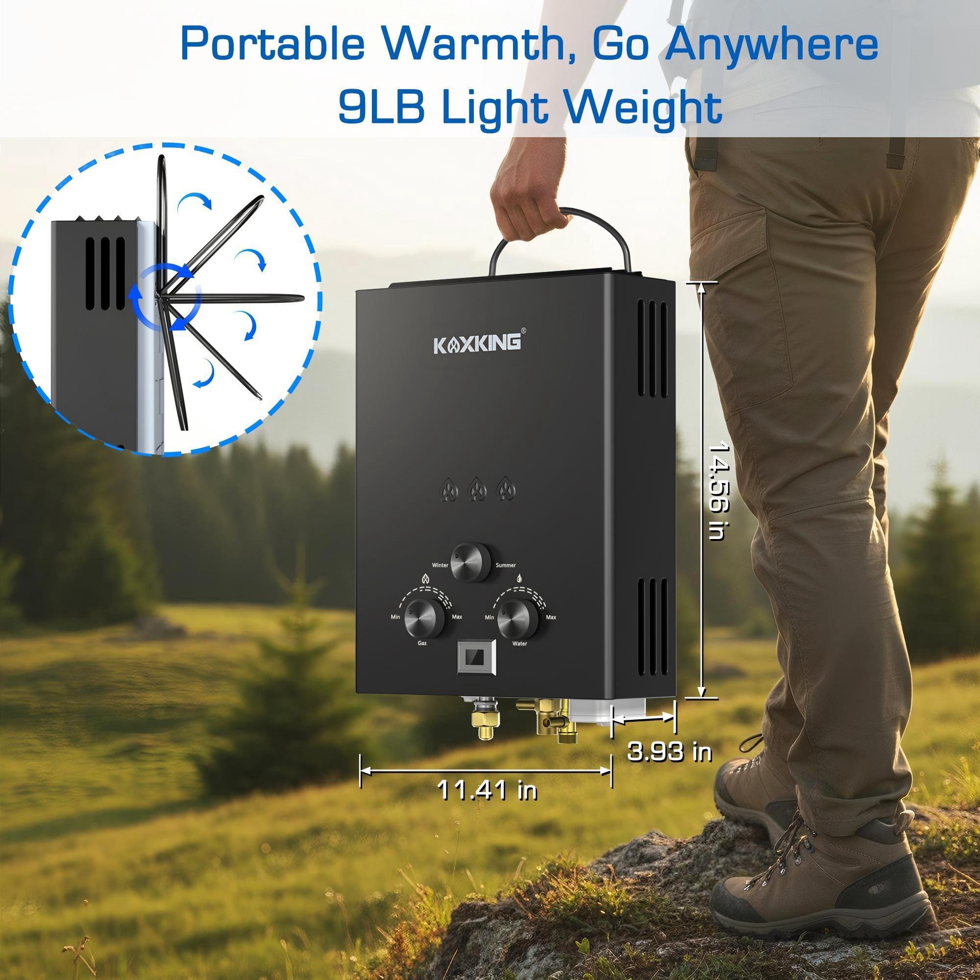 KOXKING 1.58 GPM Portable Propane Hot Tankless Water Heater 6L,With Handle & Overheating Protection, Outdoor Instant Hot Shower for Camping & RV