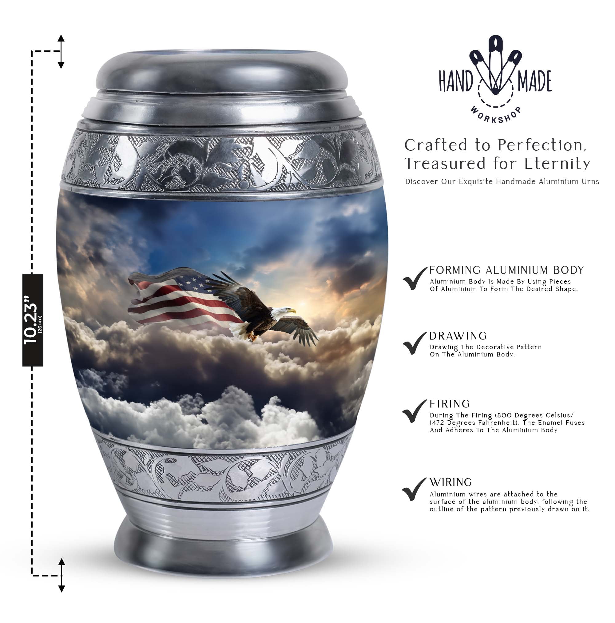 Eagle Flying In Clouds With Flag Timeless Urns - Burial Urn For Adult Female & Male - Memorial Gifts - Adult Urns For Human Ashes (Size -10inch)