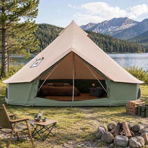 Bell Tent, waterproof with stove jack, all season outdoor yurt tent with mesh windows and doors, portable bag, green, for family camping