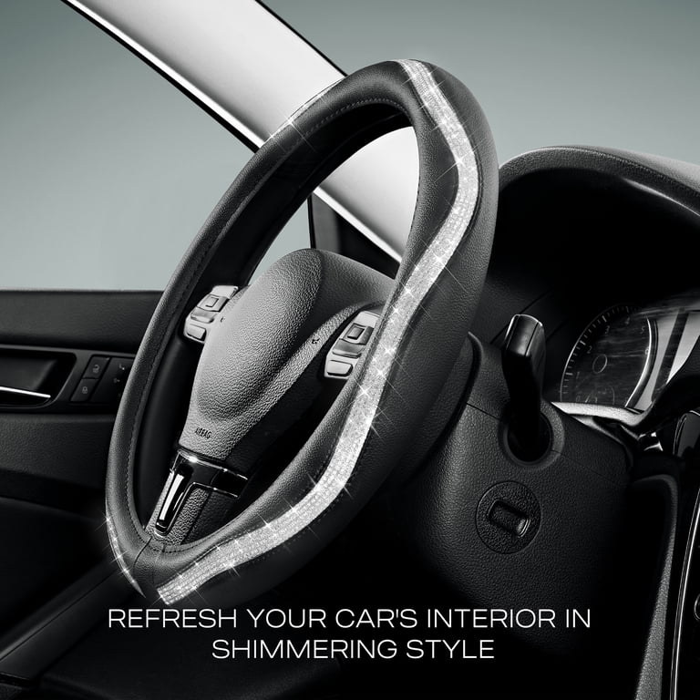 Auto Drive Silver Diamond Steering Wheel Cover, Black photo 3