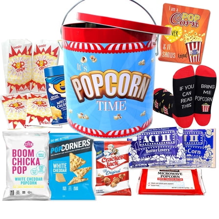 Perfect POPCORN LOVER Movie Night. Gift set, Game Night Snacks Gift Basket box | w/Socks, Tin, Popcorn Variety, Birthday gift for Kids or Family, Graduation, College