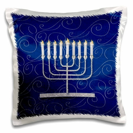 - 3dRose Silver Faux Glitter Menorah Festival of Lights Hanukkah on Blue - Pillow Case, 16 by 16-inch
