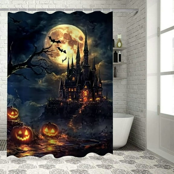 Patifu Pumpkins Castle Full Moon Bathroom Decor Set with Hooks, 100% Polyester Fabric Shower Curtain Set for Halloween Bathroom Decor 36"x72