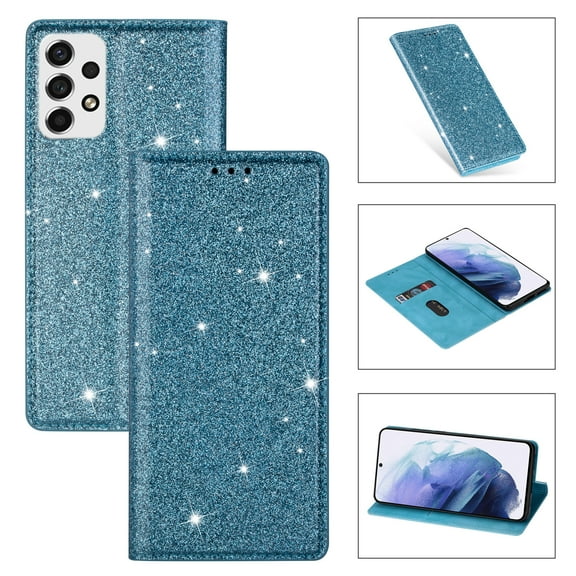 SaniMore Magnetic Flip Wallet Case for Samsung Galaxy A33 5G 6.4", PU Leather Ultra-Thin Glitter Cover Buil-in Card Slot & Kickstand Shockproof Protective Shell for Samsung A33 5G, Skyblue