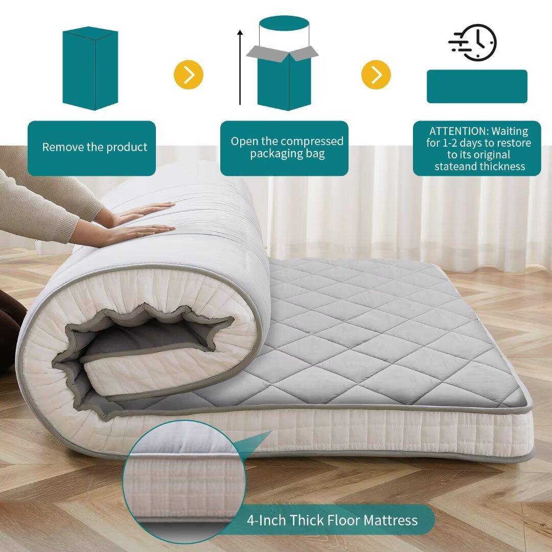 Docred Japanese Floor Mattress Futon Mattress, 4" Memory Foam Foldable Futon Mattress, Portable Roll Up Sleeping Mat for Camping,Floor Lounger Bed Couches and Sofas, Full Size Grey(80*54*4in)