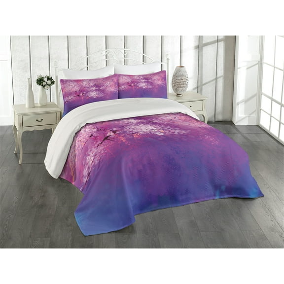 Ambesonne Purple Quilted Coverlet 3 Pcs, Romantic Paint, Queen Size, Fuchsia Purple
