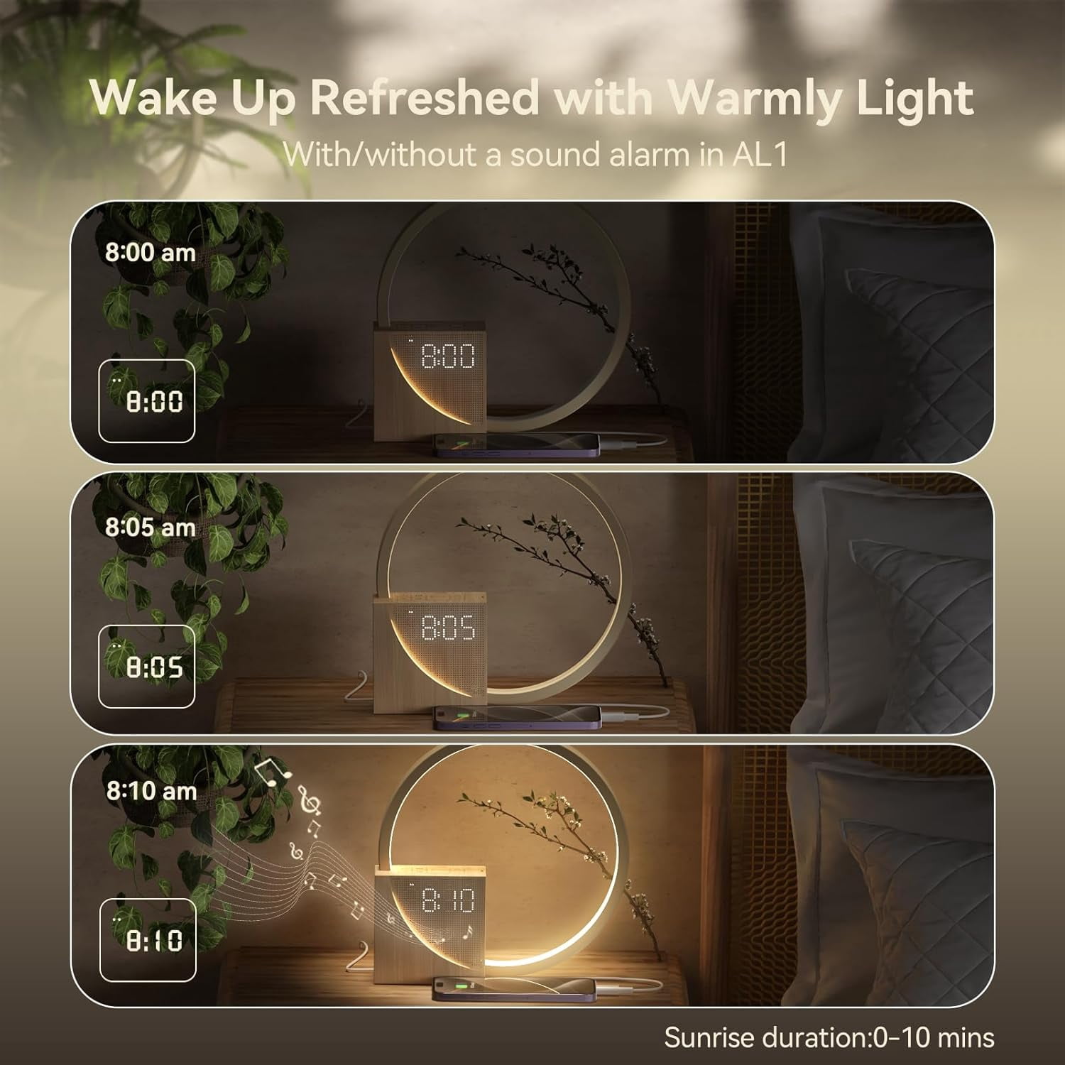Sunrise Alarm Clock for Heavy Sleepers Adults, 10 White Noise Sound Machine with 30/60/90 Timer, Touch Dimmable Light with USB Charger Port,Wood Grain