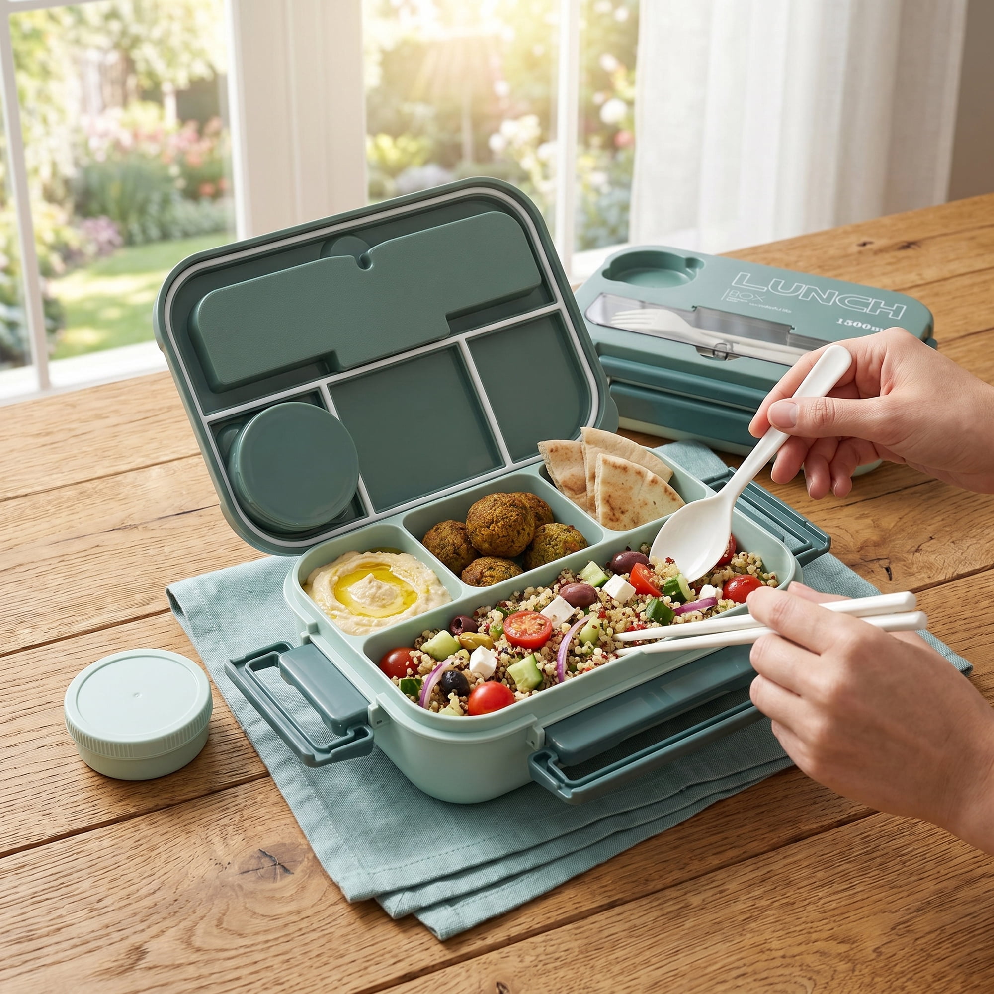 Unique Bargains Leakproof Meal Bento Lunch Box with Utensil Slot Dip Cup Green