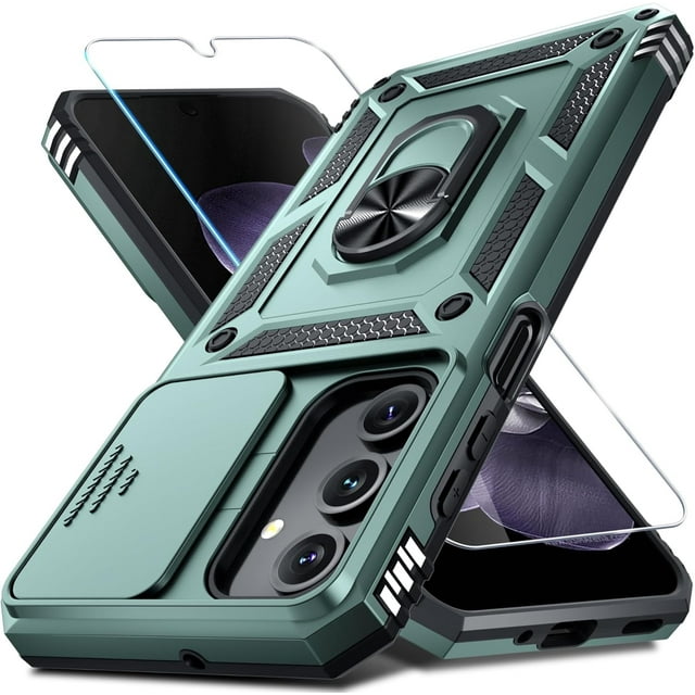 KOMI Compatible with Samsung Galaxy A16 5G Case Built in Slide Camera Lens Cover+Screen Protector+Finger Ring Holder Kickstand,Heavy Duty Shockproof Full Body Phone Cover,2025 Dark Green