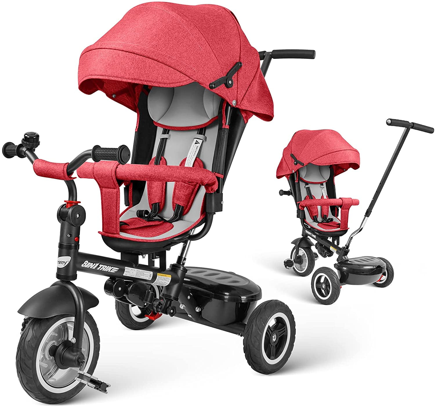 besrey 7 in 1 Trike Tricycle Baby Walker Bike Kids Push Stroller with Rotating and Reclining Seat Gray/Red