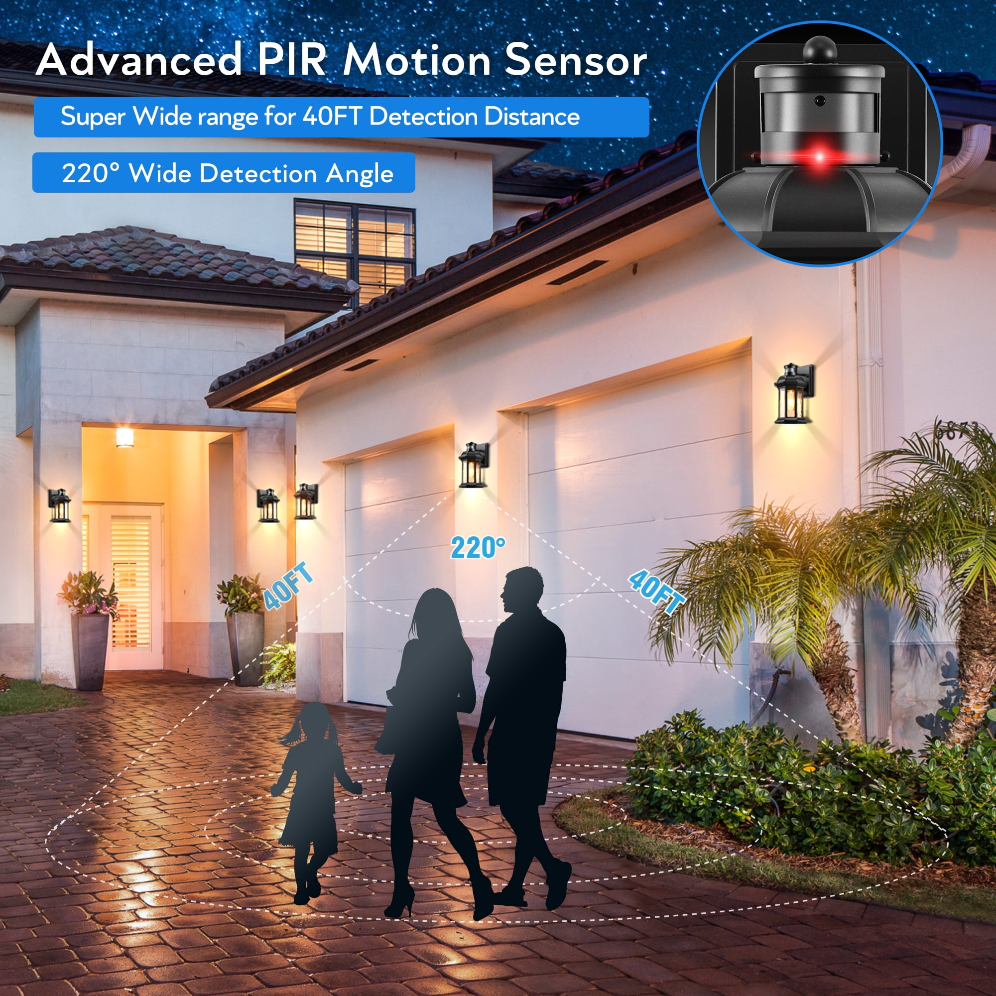 VIANIS Dusk to Dawn Motion Sensor Outdoor Porch Lights, Modern Black Exterior Light Fixtures Wall Mount, Anti-Rust Aluminum outdoor light coach With Tempered Ripple Glass For Garage