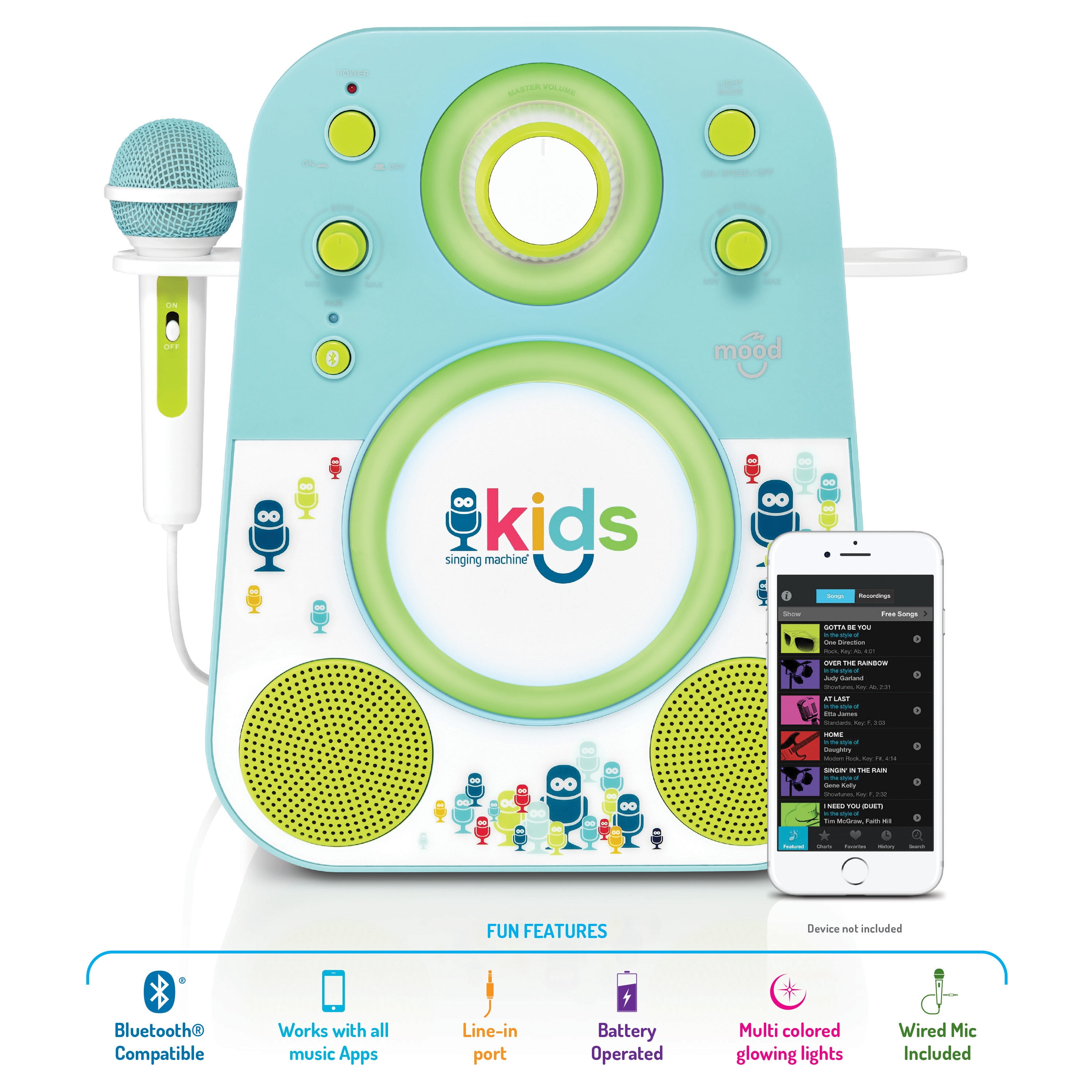 The Singing Machine Kids Mood LED Glowing Sing-Along Speaker with Microphone, Blue/Green