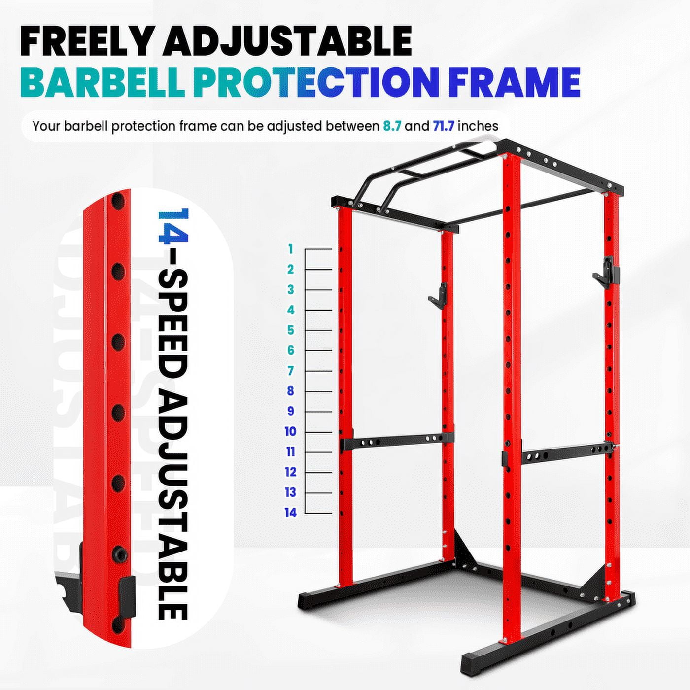 Red Power Cage, 44.3" (L) × 45.6" (W) × 81.5" (H), Pre-Installed Easy Setup, Space-Saving, High-Strength Steel, Squat Stand, Home Garage, Apartment, Studio Gym