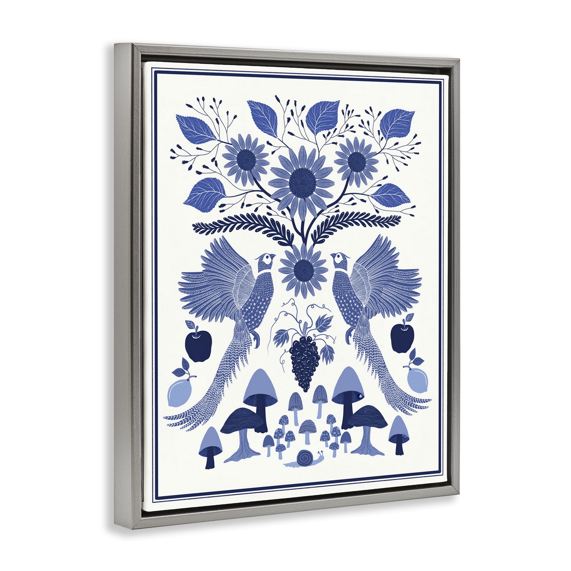 Stupell Industries Woodland Blue Folk Pattern Plants & Flowers Painting Gray Floater Framed Canvas Art Print Wall Art, 25 x 31