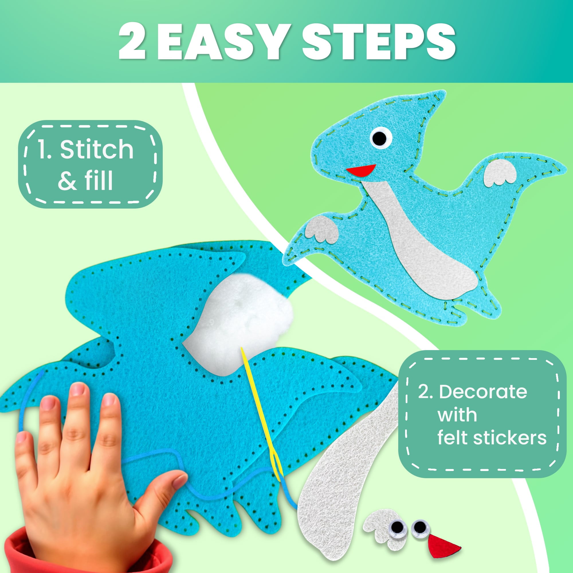 Quokka Kids Crafts Ages 7-9 - DIY Wild Dino Sewing Kit Basic - Arts Crafts for Kids Ages 7-9 Girls Boys