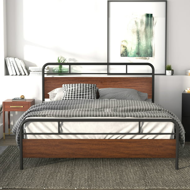 Allewie Walnut Queen Size Bed Frame, Vintage Wooden Queen Bed Frame