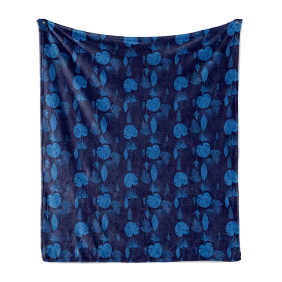 Exotic Soft Flannel Fleece Throw Blanket, Tropical Plants Palm Tree Leaves Jungle Leafage Botanical Hawaii Theme, Cozy Plush for Indoor and Outdoor Use, 70" x 90", Cobalt Blue Indigo, by Ambesonne