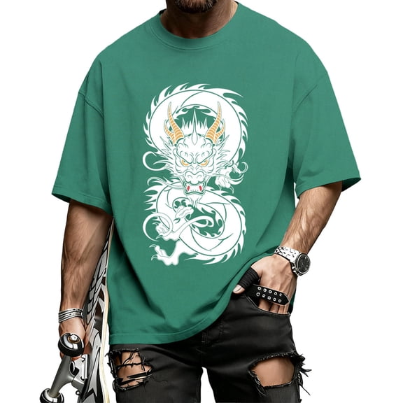 Ankishi Dragon Shirts For Men Oversized Crewneck Mythology Chinese Dragon Graphic Tee Short Sleeve Streetwear Dating