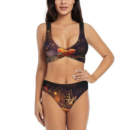 Zeuib Butterfly Sitting on a Flower High Waisted Tummy Control Bikini Set - Knot Front Push Up Top & Cheeky Thong Bottom  Two-Piece Swimsuit for Women-XX-Large