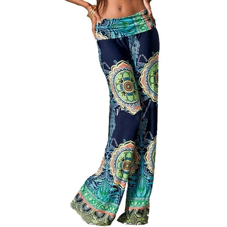Navy Cord Pants - Sugar Rock Women Paisley Palazzo Hippie Pants Fold-Over Waist Wide Leg in Navy