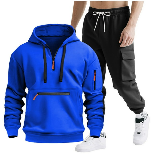 Mens Hooded Tracksuit, Long Sleeve Zipper Pocket Pullover and Drawstring Work Pants Set, Casual Two-Piece Outfit