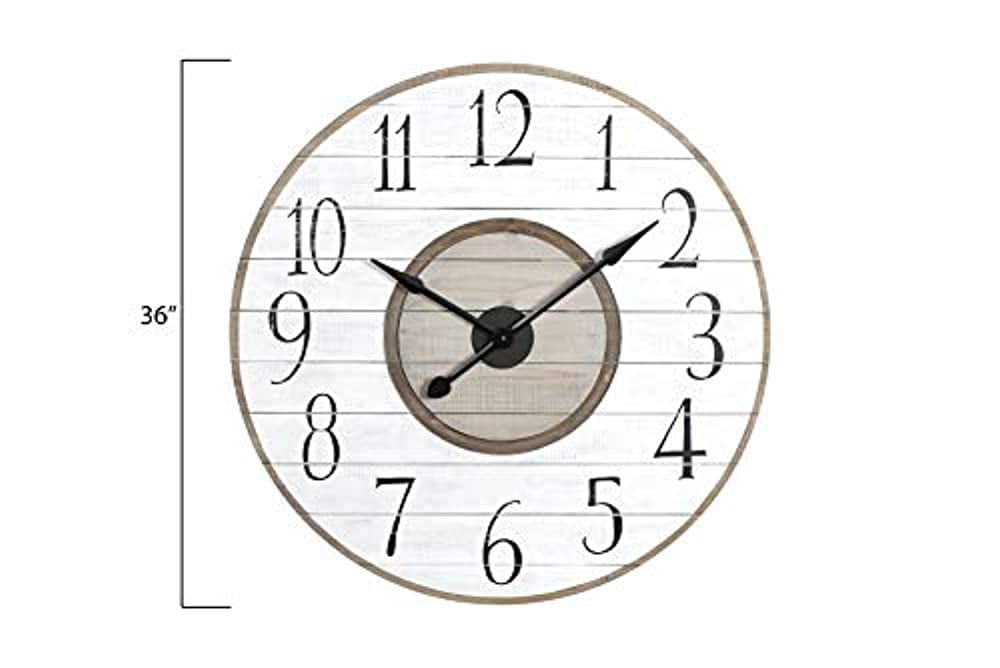Woven Paths 36" Round Wood Wall Clock in Distressed White and Brown Finish