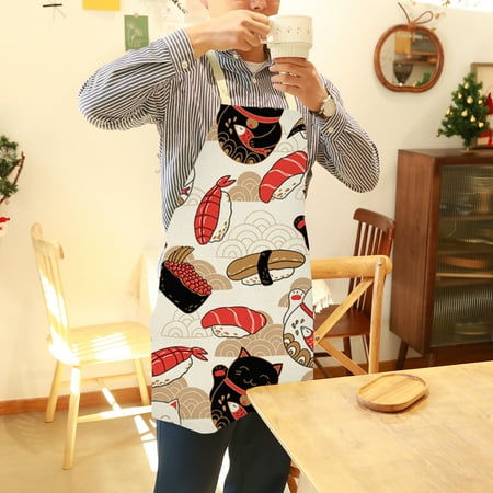 

GXSR New Year Festive Lucky Cat Aprons New Year Apron Flax Apron Unisext Cute Cartoon Cooking Apron for Women Cotton Linen Bibs Household Cleaning Pinafore Home Cooking Apron