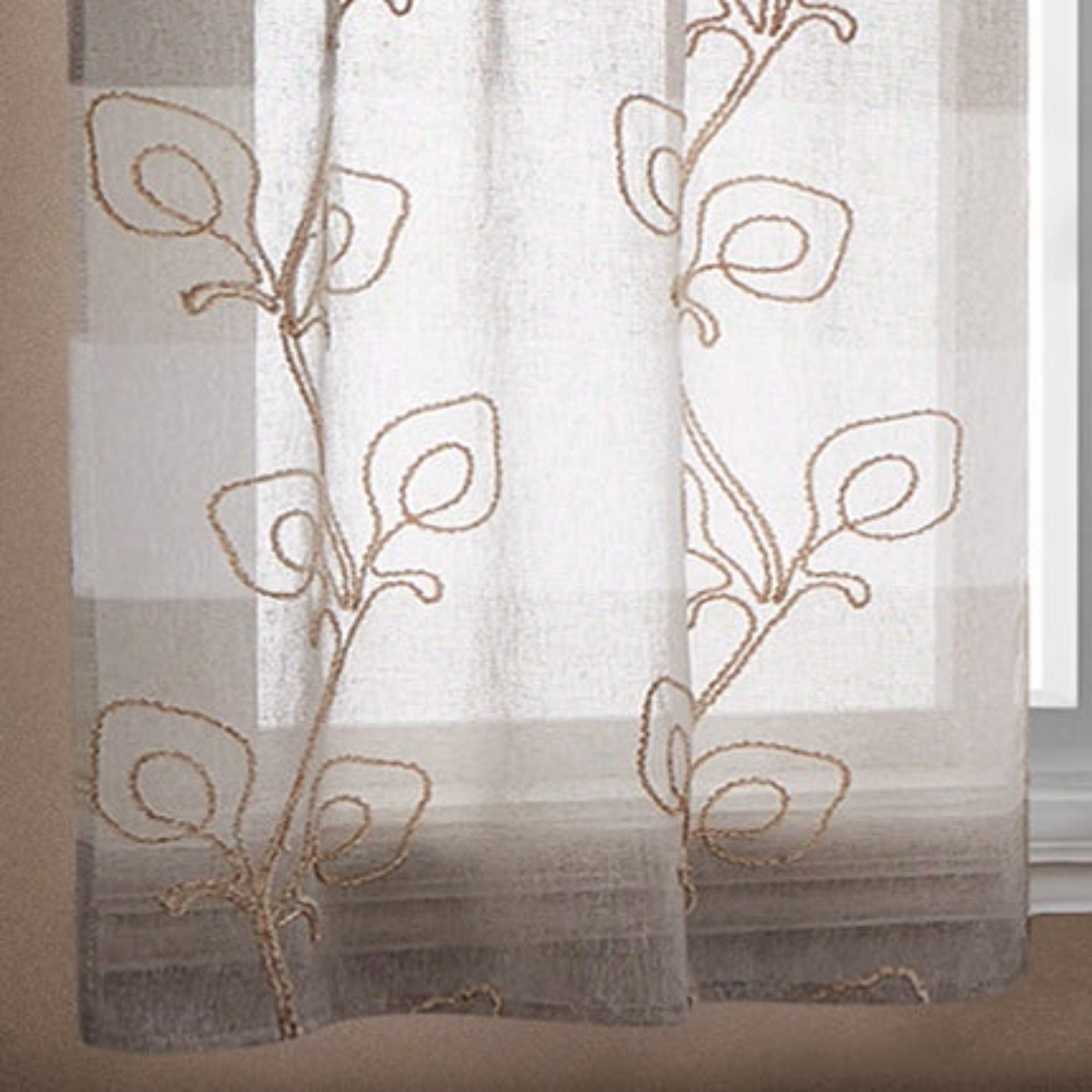 Dainty Home Silvia Linen Look Boho Ombre Gradient Light Filtering Fabric With 3D Floral Chenille Embroidered Textured Kitchen Curtain Set of 3, 1 Valance 52" x 18" and 2 Tiers 26" x 36" Each in Linen