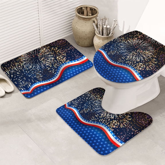 Bathroom Rugs Sets 3 Piece - colorful fire Absorbent Non Slip Bath Mats, U-Shape Toilet Lid Cover, Contour Mat, Soft Washable Shower Mats Bath Rug Mat for Bathroom Tub Toilet