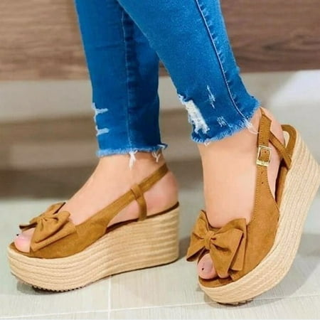 

HIBRO Women s Bow Buckle Strap Wedges Weave Beach Open Toe Breathable Sandals Shoes