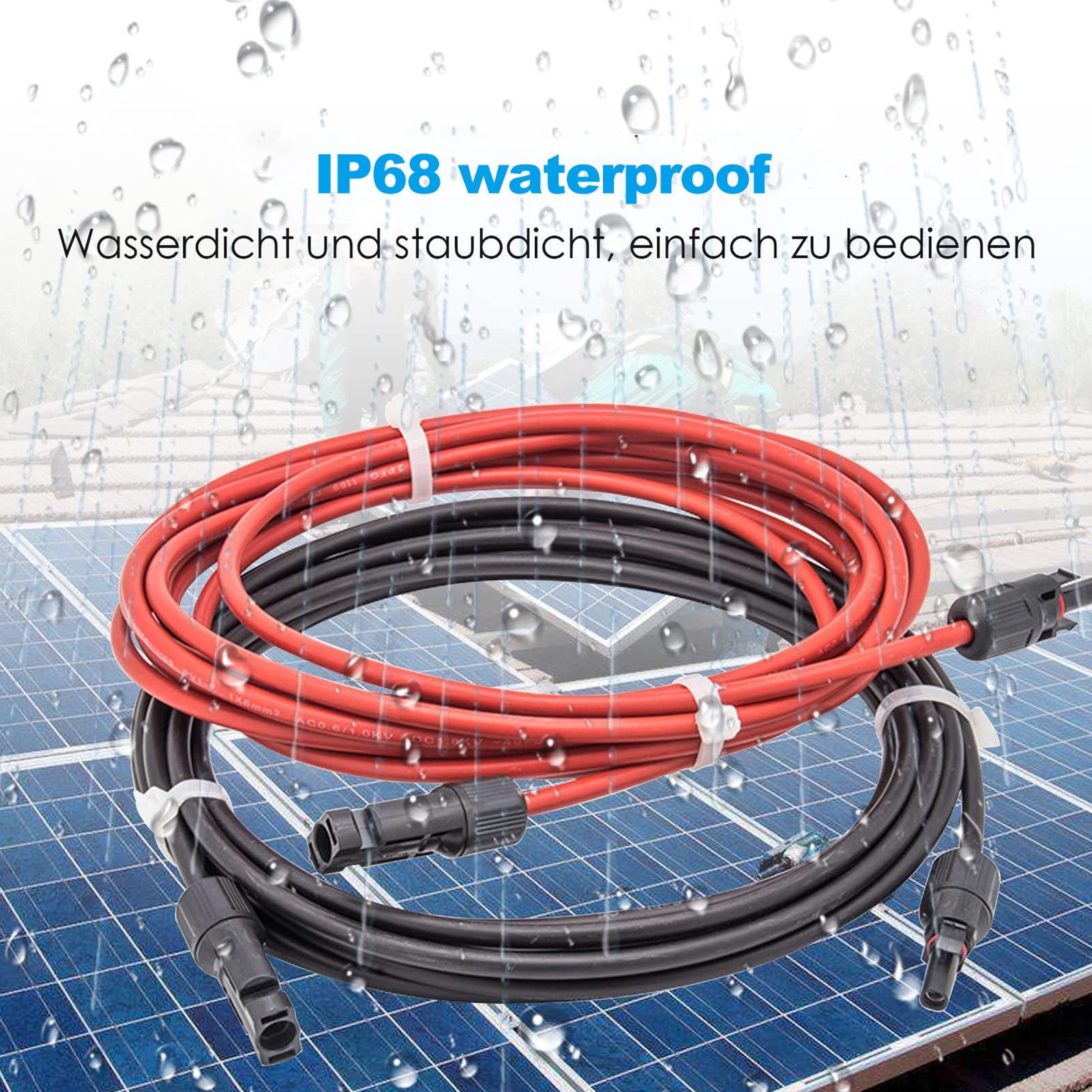 Solar Panel Extension Cable, Insulating High Strength 10AWG 1 Pair 15m Solar Panel Wire Wide Compatibility With Z Bracket For Automobile