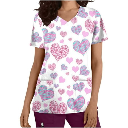 

Shirts for Women Shirts for Women Women s Short Sleeve V-neck Tops Uniform Valentine s Day Printed Pockets Blouse Nursing Crop Top White Tank Tops Women Clearance Purple S